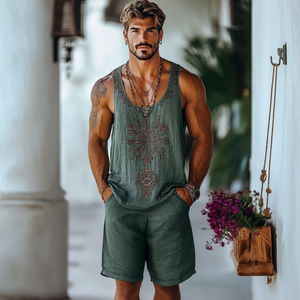 Conjunto informal de camiseta sin mangas holgada con cuello en U y bordado de flores de lino para hombre, pantalones cortos con cintura elástica