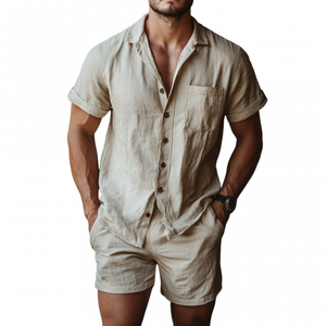 Men's Casual Linen Lapel Short Sleeve Shirt Elastic Waist Shorts Set