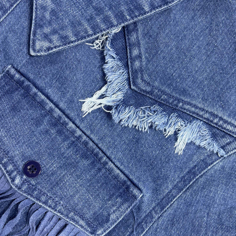 Men's Retro Western Cowboy Tassel Stitching Denim Long Sleeve Shirt
