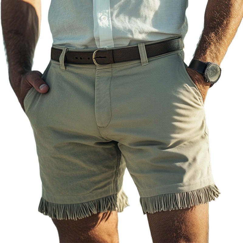 Pantalones cortos de verano retro con borlas y parches en verde claro para hombre