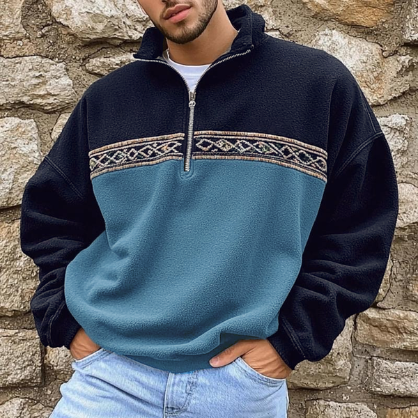 Sudadera de manga larga holgada con bloques de color vintage para hombre