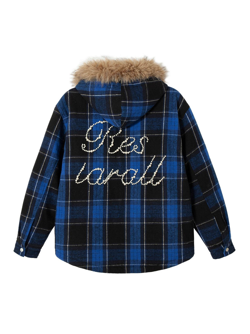 Beaded Fur Collar Padded Plaid Jacket