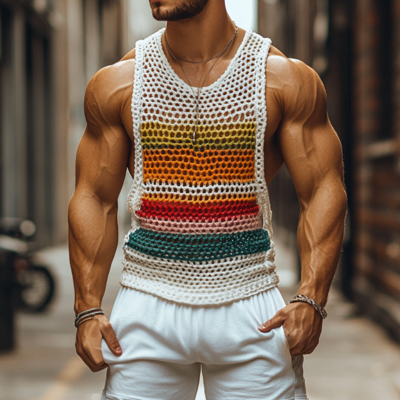 Camiseta sin mangas informal de crochet con cuello redondo y rayas de colores para hombre