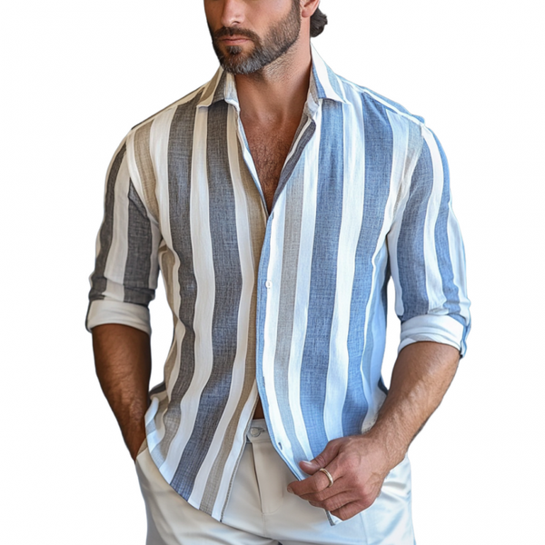Men's Casual Stripe Print Lapel Slim Fit Long Sleeve Shirt