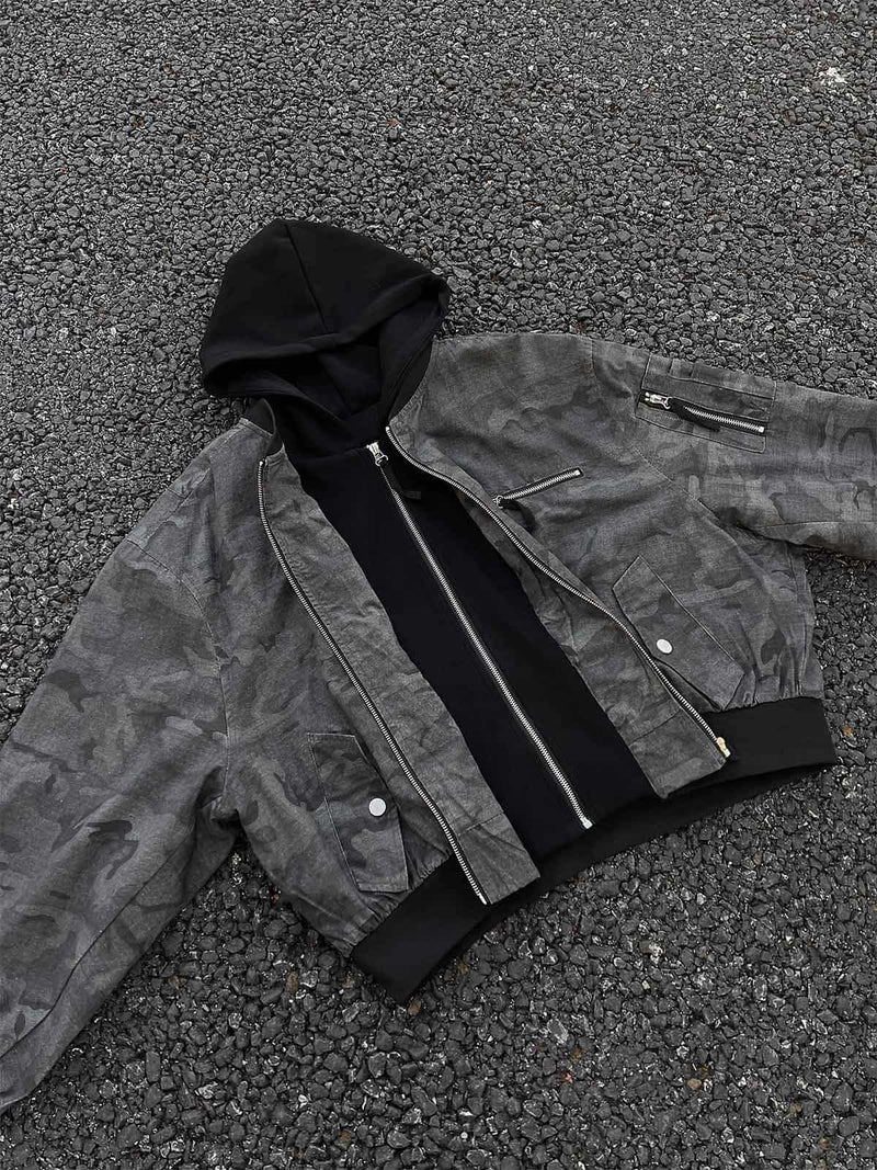 Retro Camouflage Faux Two-piece Hooded Jacket