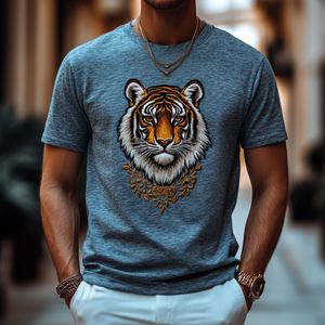 Lässiges Herren-T-Shirt aus Baumwolle mit Tiger-Stickerei und Rundhalsausschnitt, lockeres Kurzarm-T-Shirt