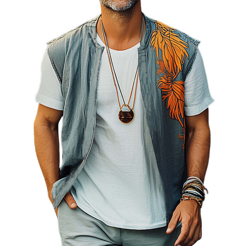 Chaleco de mezclilla lavada con bordado y bloques de color para hombre en verano