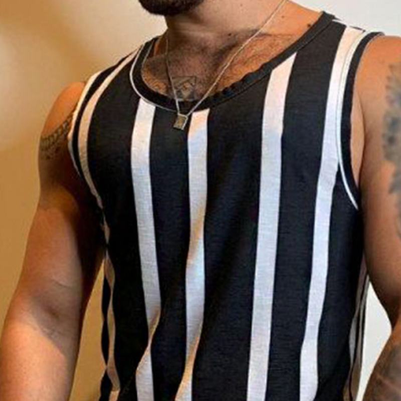 Camiseta sin mangas con cuello redondo y estampado de rayas retro informal para hombre