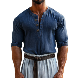 Camiseta informal de manga corta con cuello redondo y botones para hombre