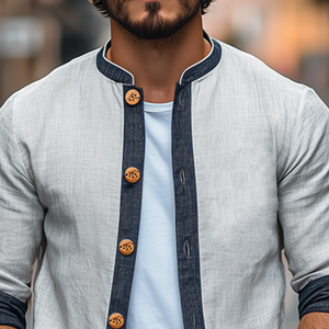 Camisa clásica de manga larga con empalme de algodón y lino retro de moda de primavera para hombre