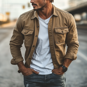 Men's Classic Casual Vintage Washed Workwear Long Sleeve Shirt