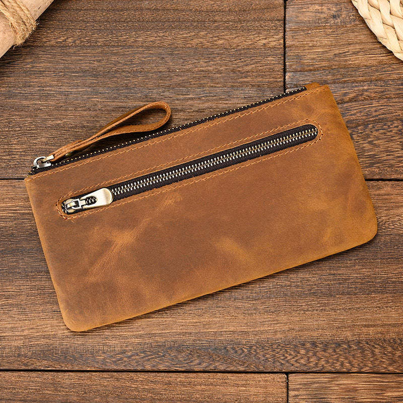 Cartera larga vintage de piel de Caballo Loco con cremallera de gran capacidad para hombre 