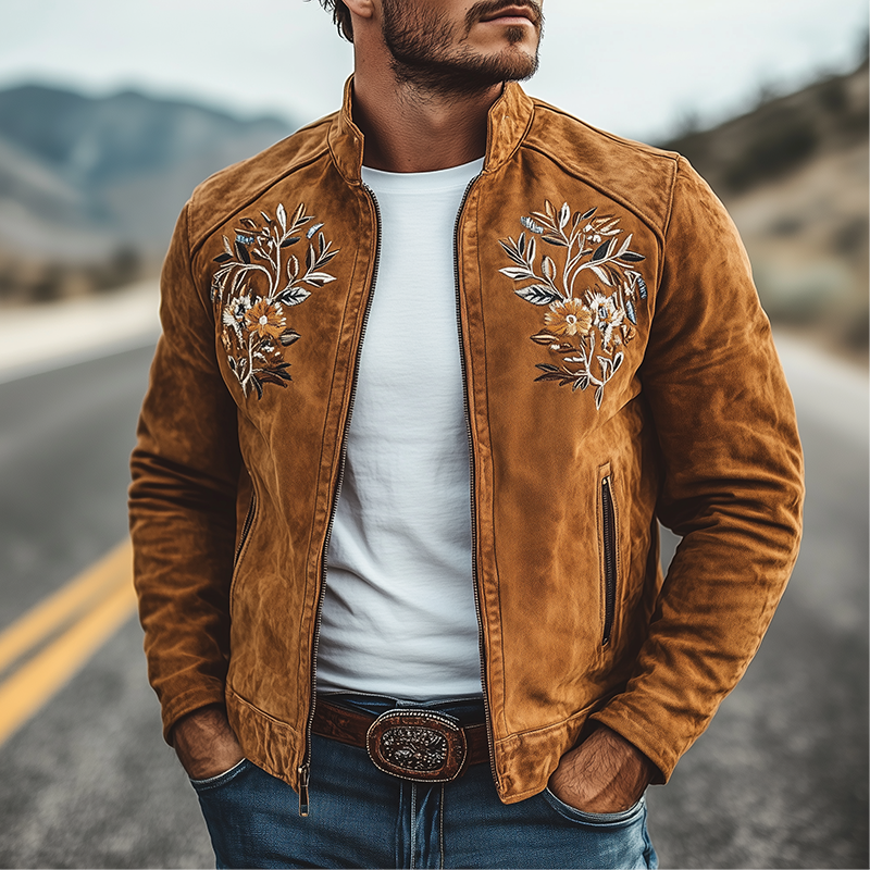 Men's Classic American Retro Western Embroidered Suede Jacket