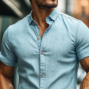 Lässiges Kurzarmhemd aus Baumwolle und Leinen für Herren mit Revers