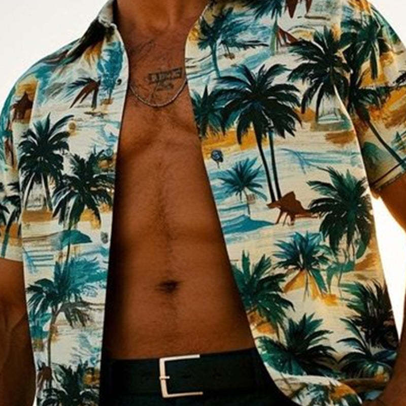 Men's Palm Tree Print V-Neck Short Sleeve Shirt