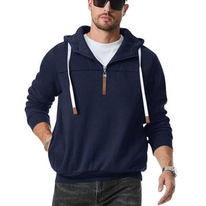 Men's Casual Zipper Collar Patchwork Loose Pullover Hoodie