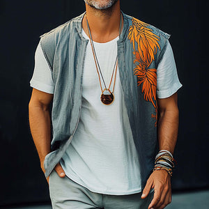 Men's Summer Washed Denim Colorblock Embroidered Vest