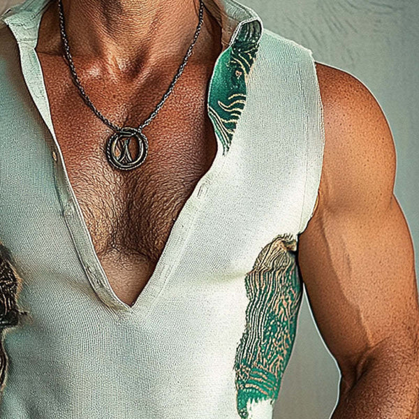 Men's Deep V Stand Collar Printed Vest
