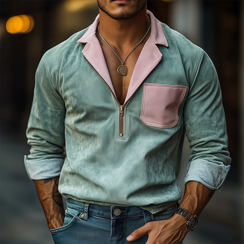 Men's Spring Fashion Casual Contrast Color Stitching Lapel Zipper Suede Long Sleeve Shirt