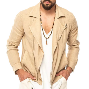 Chaqueta vintage de algodón y lino color albaricoque con solapa con muesca para hombre