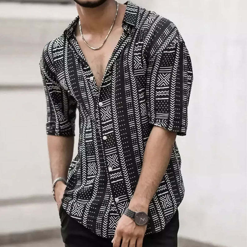Camisa informal de manga corta con estampado retro para hombre