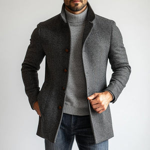 Men's Retro Herringbone Woolen Single-Breasted Mid-Length Coat