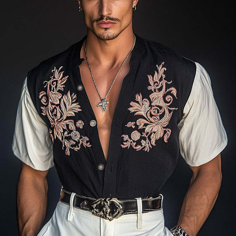 Men's Contrast Embroidered Short Sleeve Shirt