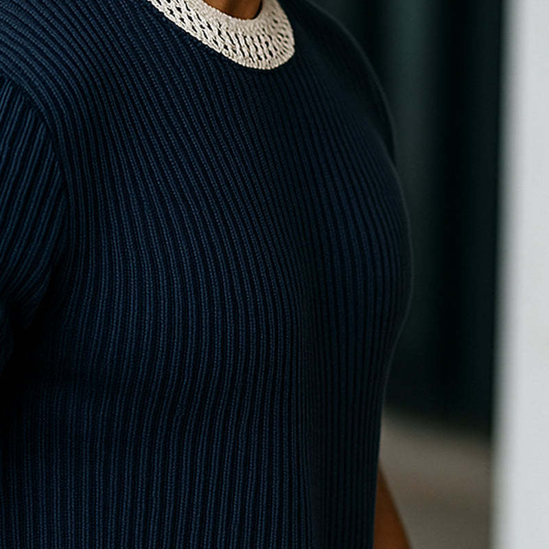 Men's Contrast Web Round Neck Knitted Short Sleeve T-Shirt MTA1895C3X