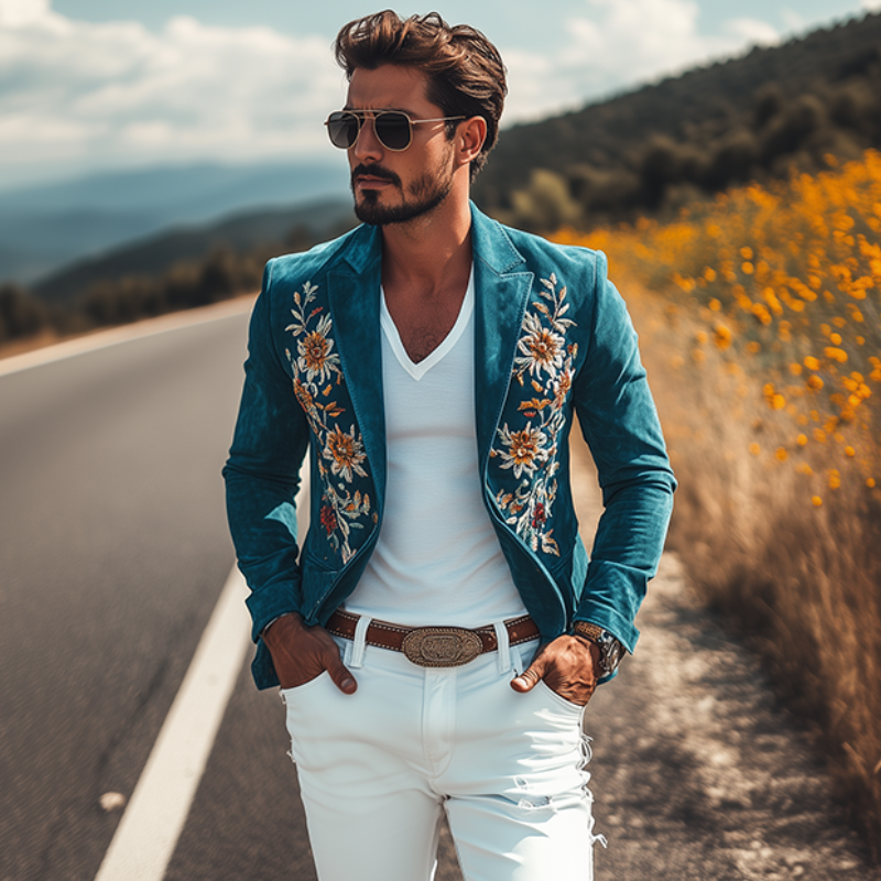 Blazer clásico retro informal de corte entallado estilo occidental de ante bordado para hombre