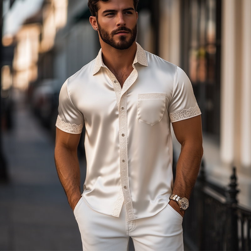 Herren Frühling und Sommer Modisches Sexy Spitzennähte Satin Kurzarmhemd