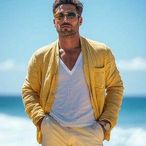 Camisa informal de manga larga de algodón y lino en amarillo brillante para hombre