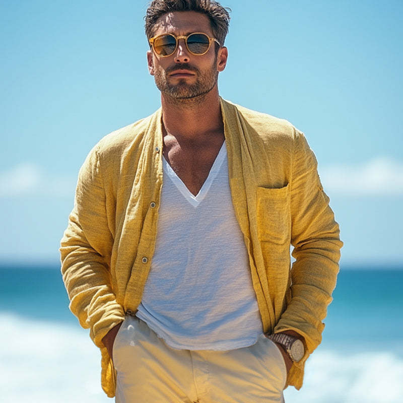 Men's Casual Bright Yellow Cotton And Linen Long Sleeve Shirt