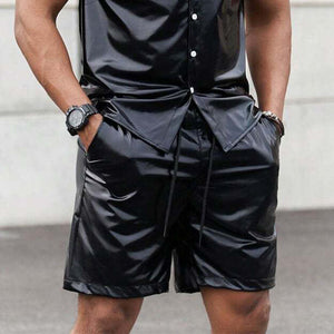 Men's Shiny PU Leather Plain Black Short Sleeve Set