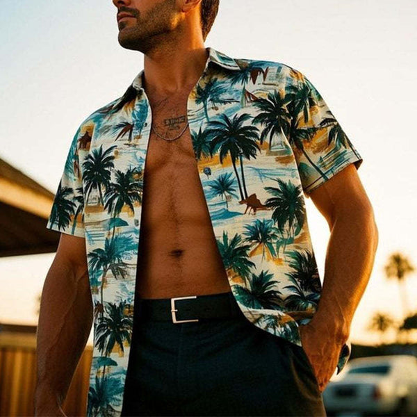 Men's Palm Tree Print V-Neck Short Sleeve Shirt