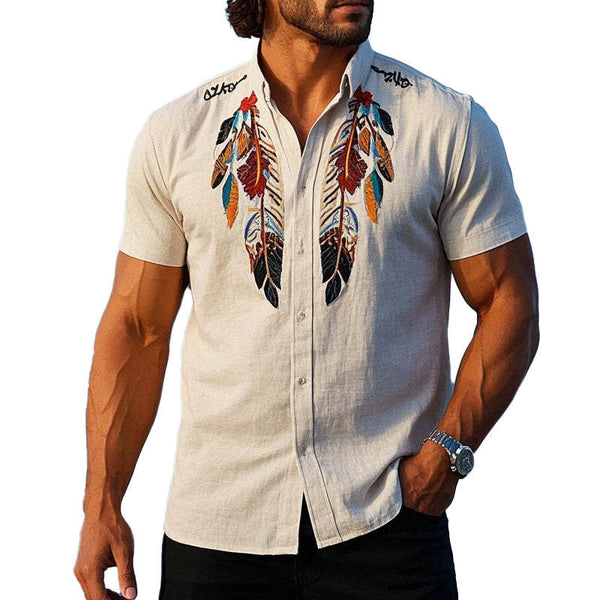 Camisa de manga corta con bordado de plumas vintage para hombre