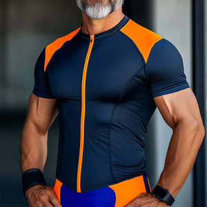 Camiseta deportiva de manga corta, estilo retro, informal, de secado rápido, con cremallera y sin cuello para hombre