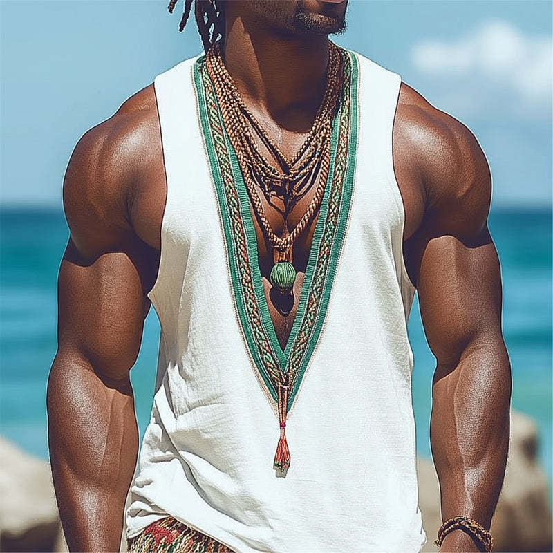 Camiseta sin mangas informal bordada retro con cuello en V profundo de verano para hombre