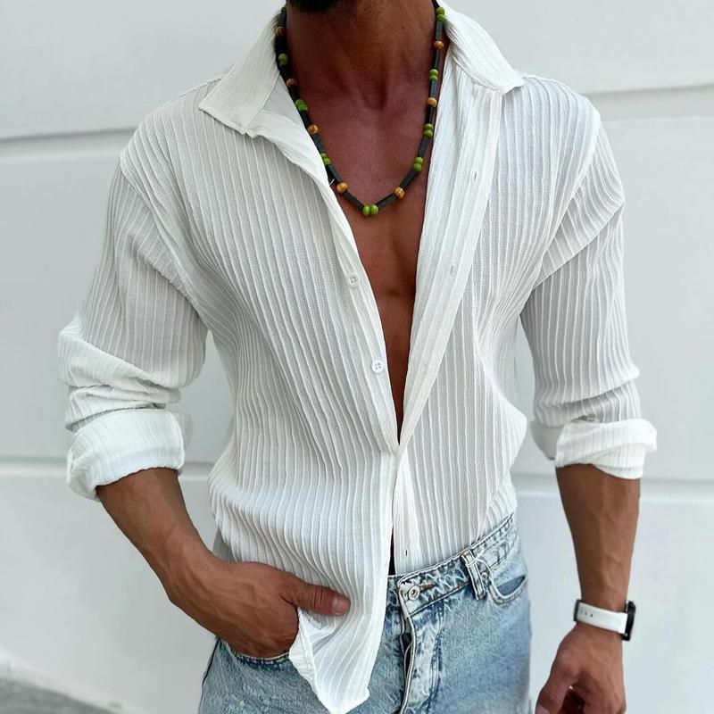 Men's Solid Striped Lapel Long Sleeve Casual Shirt