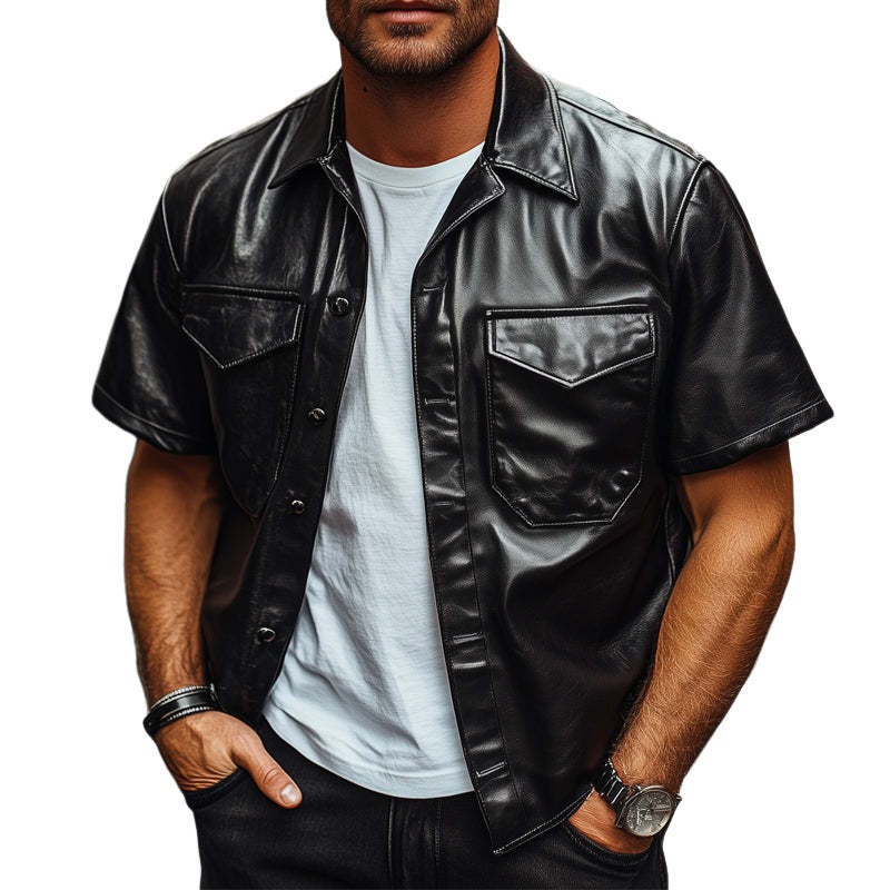 Camisa holgada de cuero negro de manga corta de verano para hombre