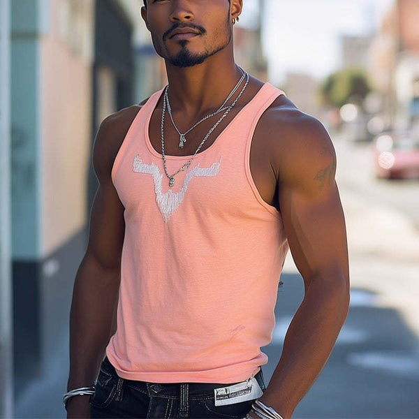 Camiseta sin mangas informal de verano con cuello redondo y bordado rosa para hombre