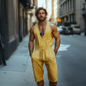 Men's Spring And Summer Fashion Casual Deep V-Neck Cotton And Linen Tank Top Length To Knee Shorts Jumpsuit