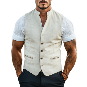 Men's Spring Fashion Retro Western Style Stand Collar Slim Suede Vest