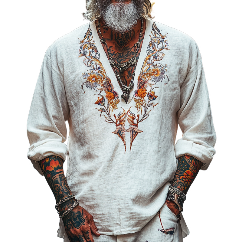 Camiseta vintage informal de algodón con cuello en V y manga larga bordada para hombre