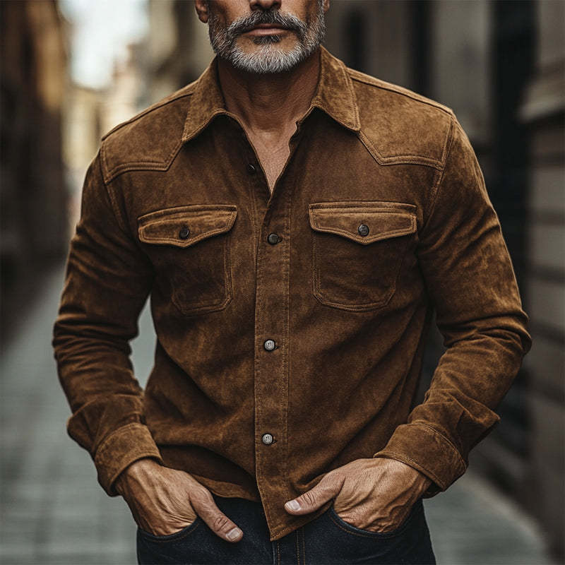 Camisa vintage de manga larga de ante marrón para hombre