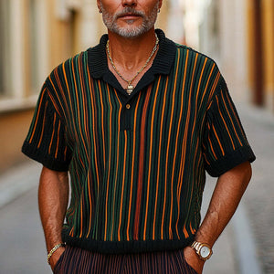 Men's Retro Colorblock Vertical Stripe Knitted T-Shirt