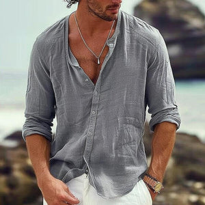 Camisa informal de algodón y lino para hombre, con cuello alto, manga larga y botonadura sencilla