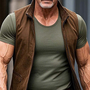 Men's Vintage Brown Suede Stand Collar Vest