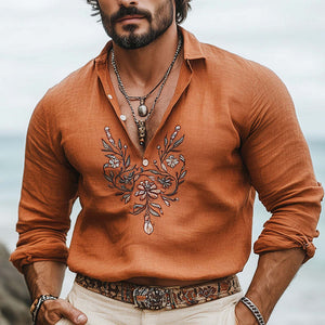 Lässiges Langarmhemd mit Stickerei im Vintage-Stil für Herren