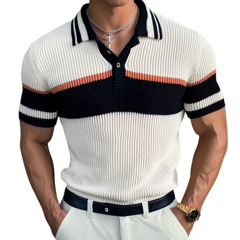 Men's Casual Contrast Lapel Slim Fit Knitted Short Sleeve Polo Shirt