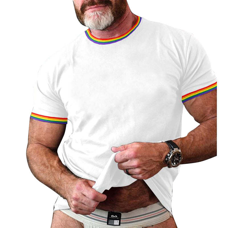 Camiseta de manga corta con cuello redondo y diseño de patchwork de rayas arcoíris para hombre